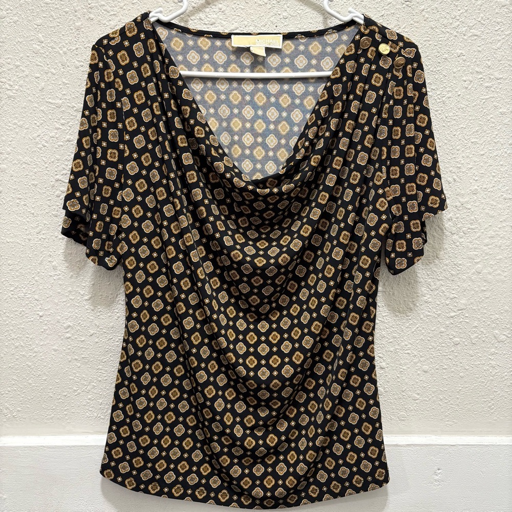 MICHAEL Michael Kors Black with Geometric Pattern Cowl Neck Blouse Size M